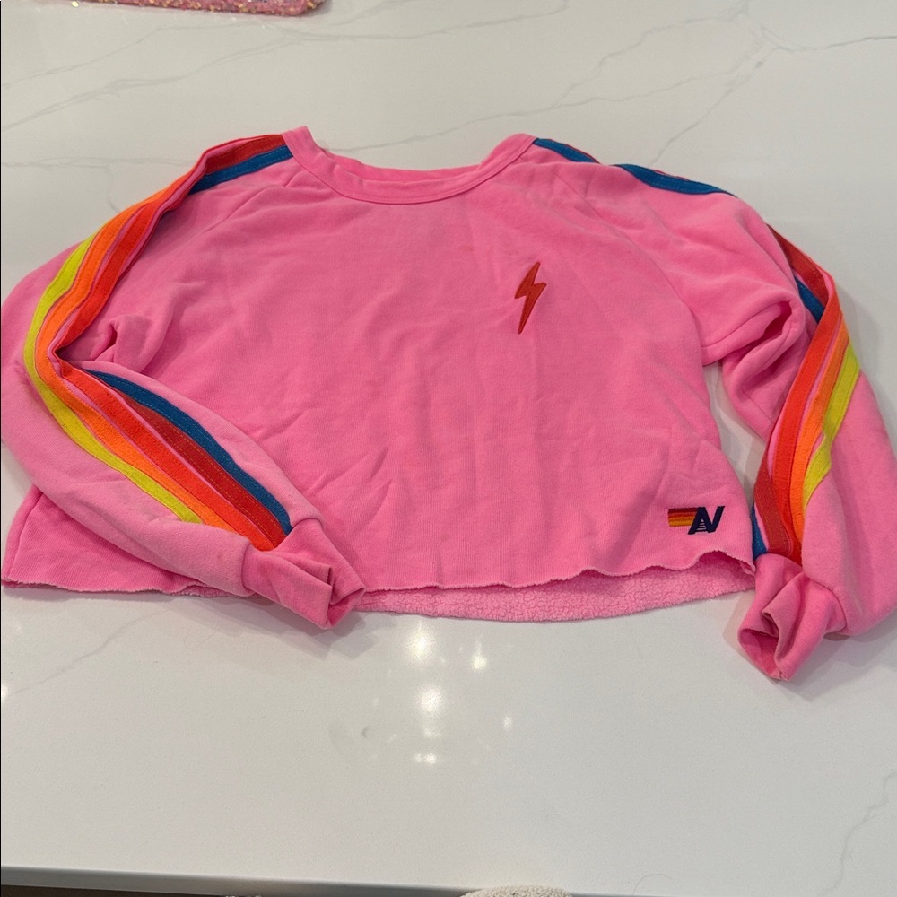 Aviator Nation Pink Sweater with Rainbow Stripes